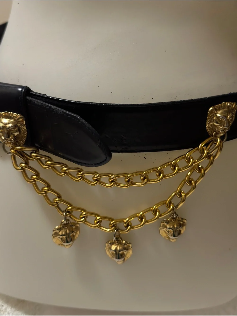 Vintage Jones New York Lion Heads Chain Belt Black Gold Tone Buckle Med AS IS